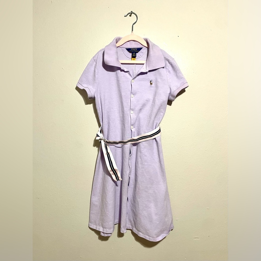 Polo by Ralph Lauren Lilac Polo Shirt Dress with Striped Tie Belt Size L 12/14